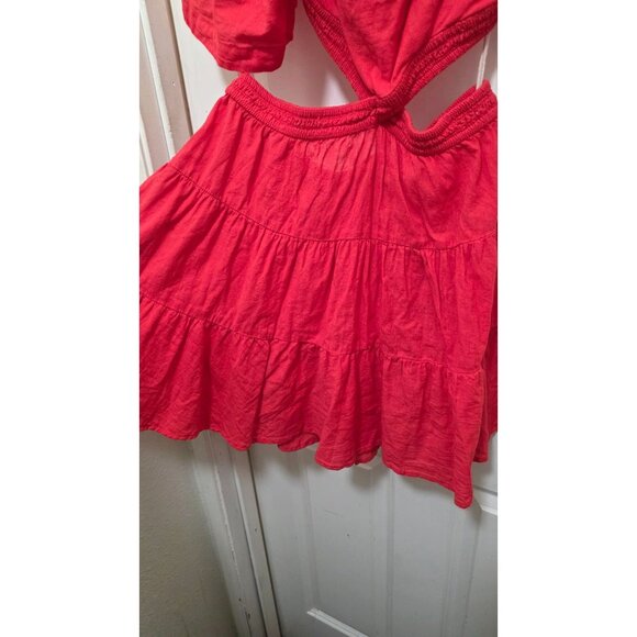 Free People Red Cross Of Sunlight Beach Tiered Mini Dress Puff Sleeves & Smocked - Picture 2 of 6